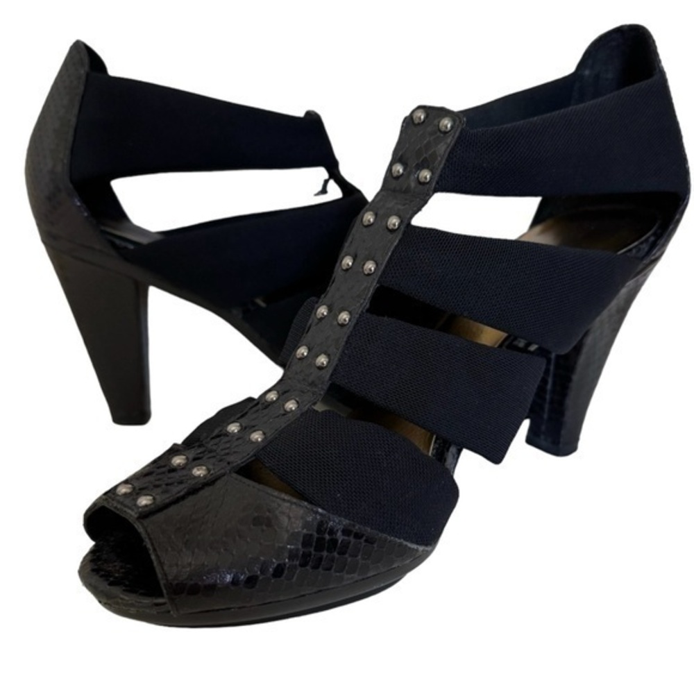 Arturo Chiang Black Fiji Snake Gold Studded Stretch Strappy Sandals Booties